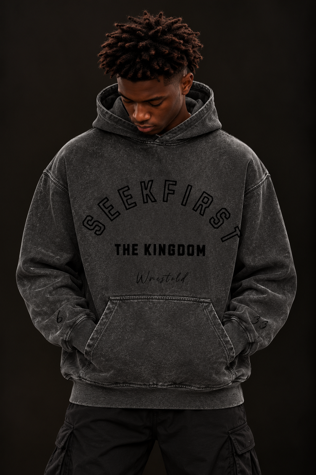 Seek First The Kingdom Acid Wash Black Hoodie Black