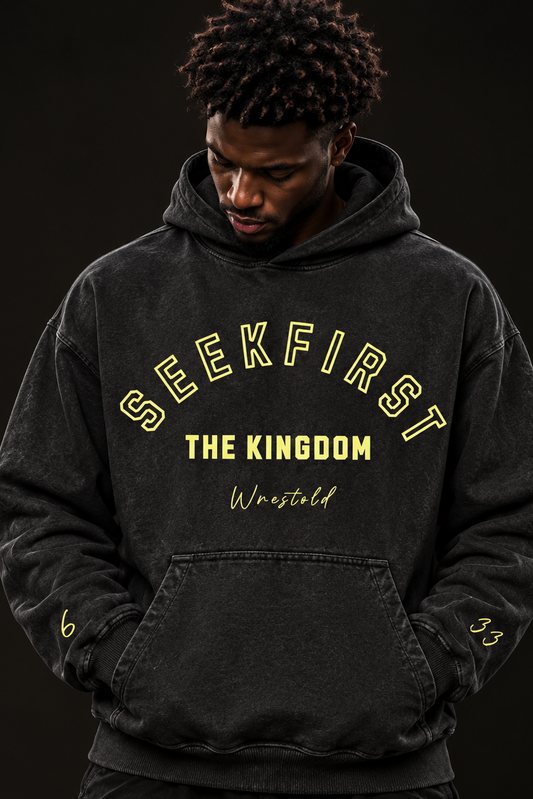 Seek First The Kingdom Acid Wash Black Hoodie Yellow