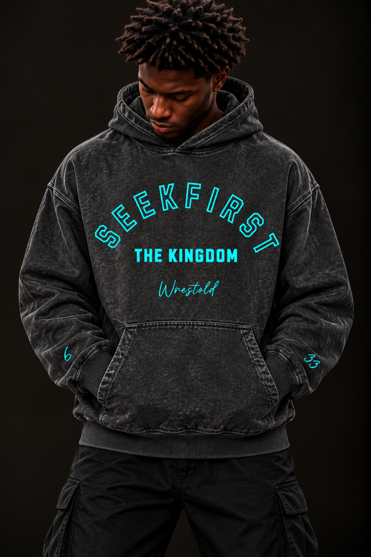 Seek First The Kingdom Acid Wash Black Hoodie Turquoise