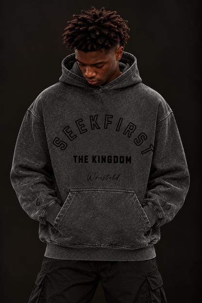 Seek First The Kingdom Acid Wash Black Hoodie Black