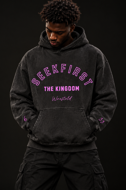 Seek First The Kingdom Acid Wash Black Hoodie Pink