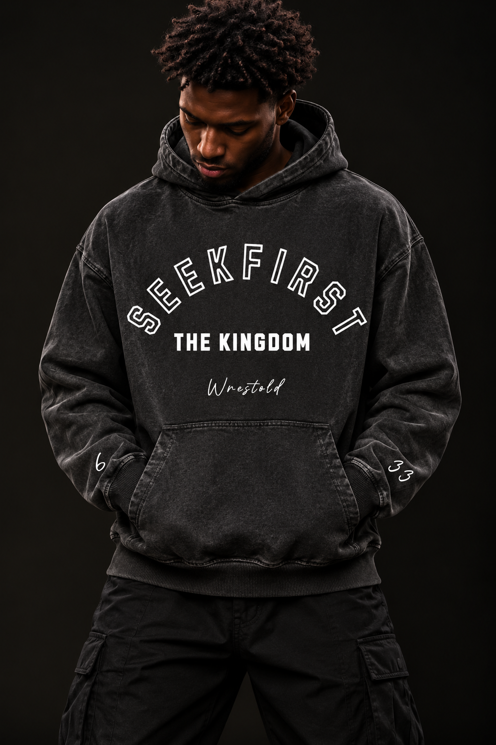 Seek First The Kingdom Acid Wash Black Hoodie White