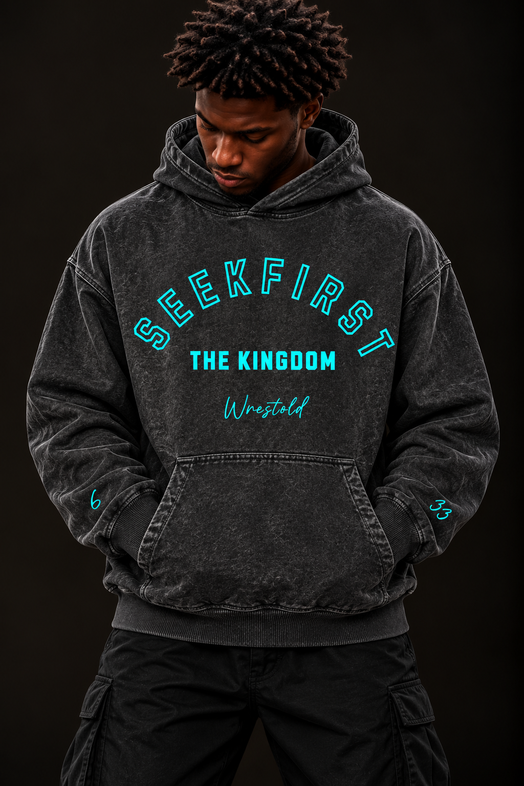 Seek First The Kingdom Acid Wash Black Hoodie Turquoise