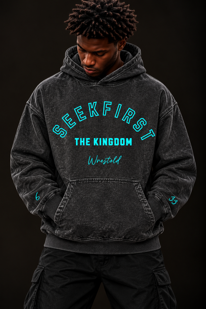 Seek First The Kingdom Acid Wash Black Hoodie Turquoise